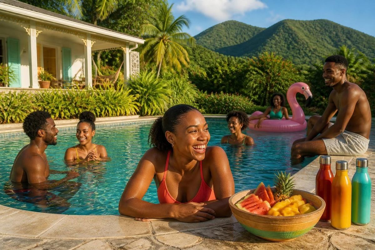 Groupe d'amis qui rient au bord d'une piscine privée en Martinique